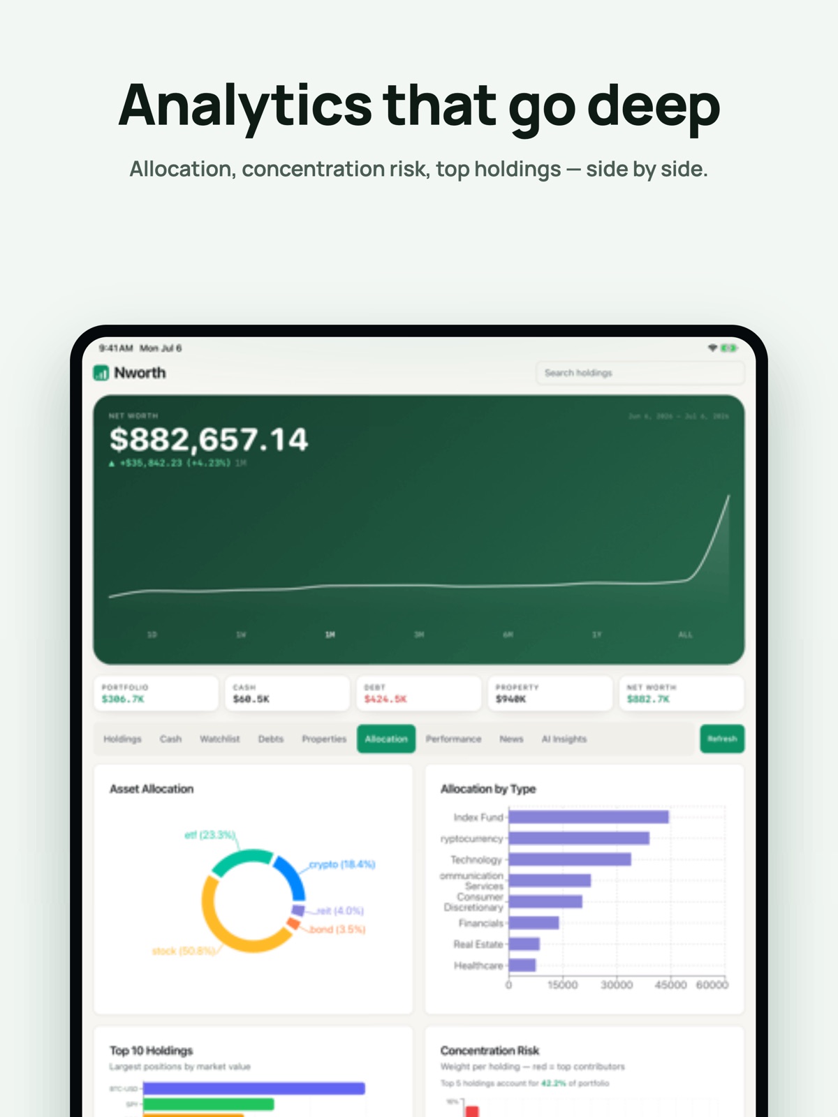 Deep analytics: allocation, concentration risk and top holdings