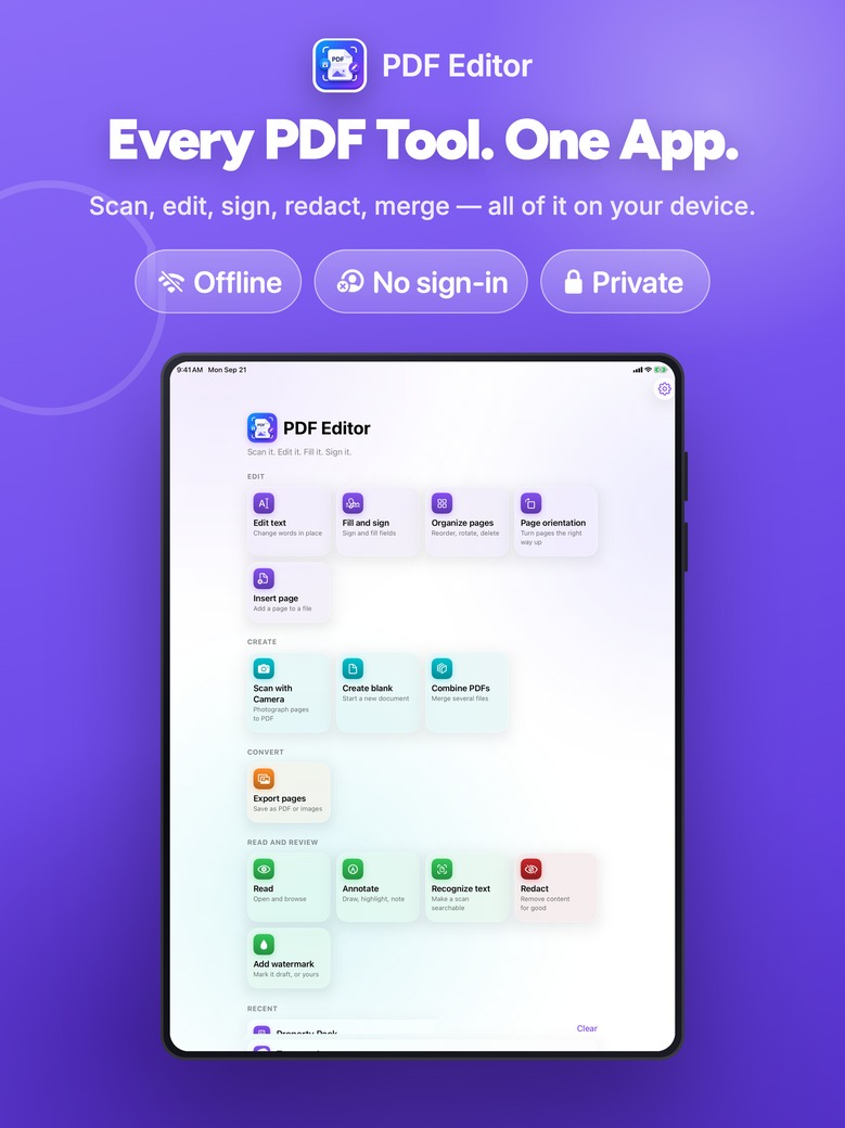 PDF Editor on iPad: The tool grid — edit, sign, scan, organise and export, all in one place
