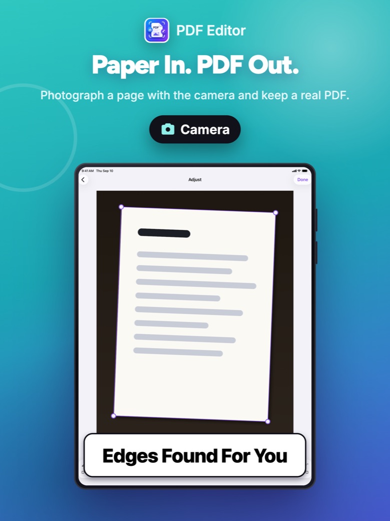 PDF Editor on iPad: Photographing a page: the edges are found automatically before capture