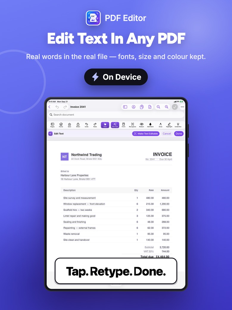 PDF Editor on iPad: Editing an invoice — every changeable run of text outlined on the page