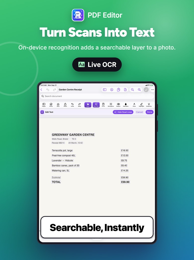 PDF Editor on iPad: A photographed receipt, every line recognised and ready to copy or retype