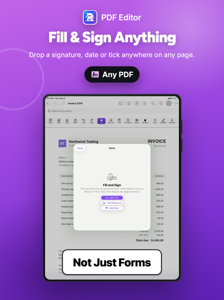 PDF Editor on iPad: A signature and a date dropped straight onto an invoice