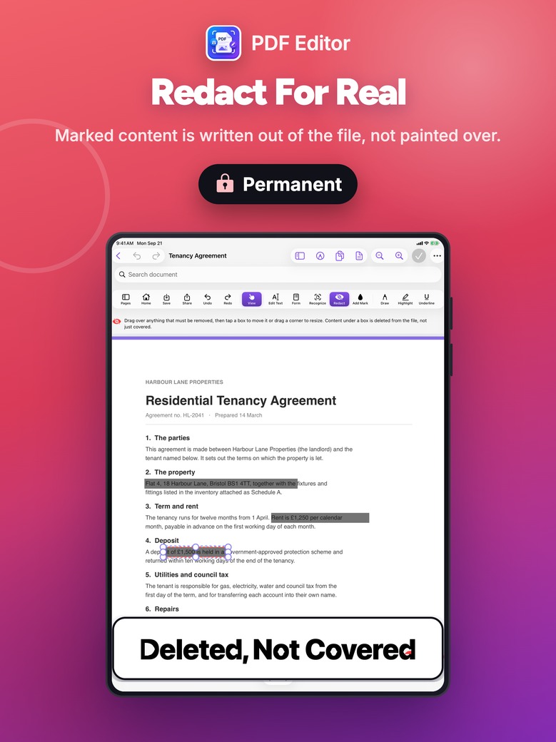 PDF Editor on iPad: Three areas marked for redaction on a tenancy agreement