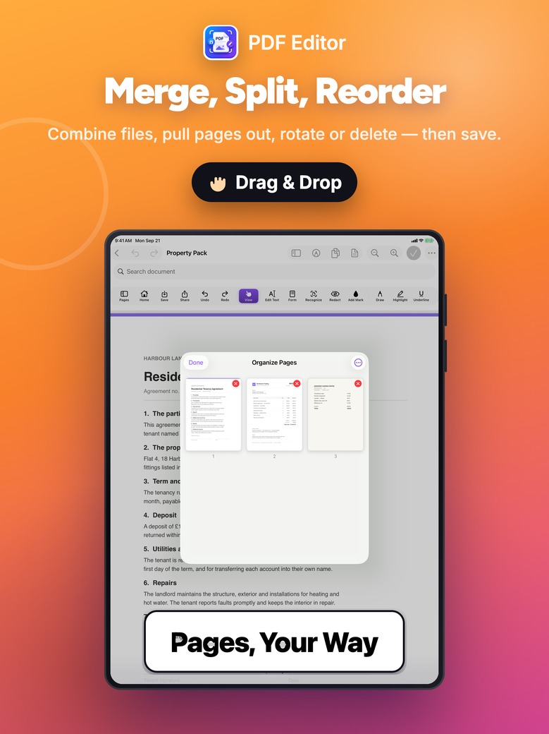 PDF Editor on iPad: Dragging a page into a new position in the page grid