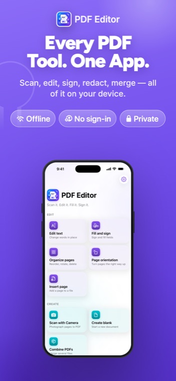PDF Editor on iPhone: The tool grid — edit, sign, scan, organise and export, all in one place