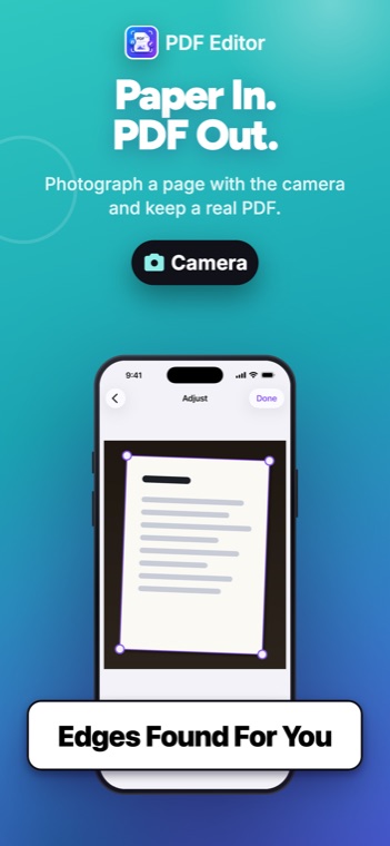 PDF Editor on iPhone: Photographing a page: the edges are found automatically before capture