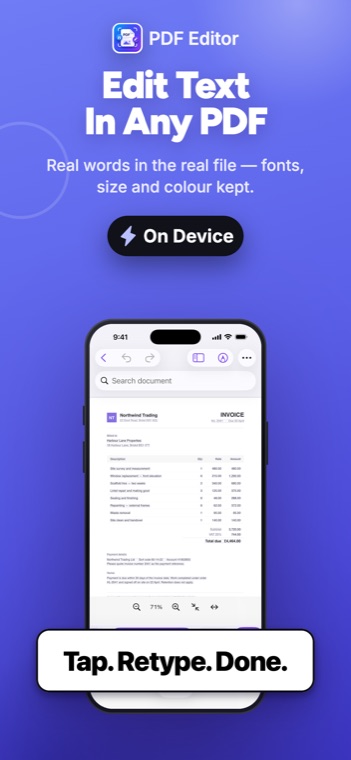 PDF Editor on iPhone: Editing an invoice — every changeable run of text outlined on the page