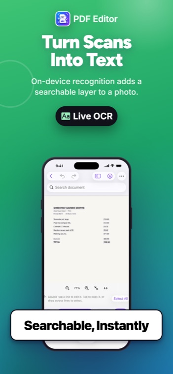 PDF Editor on iPhone: A photographed receipt, every line recognised and ready to copy or retype