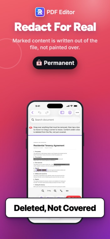PDF Editor on iPhone: Three areas marked for redaction on a tenancy agreement